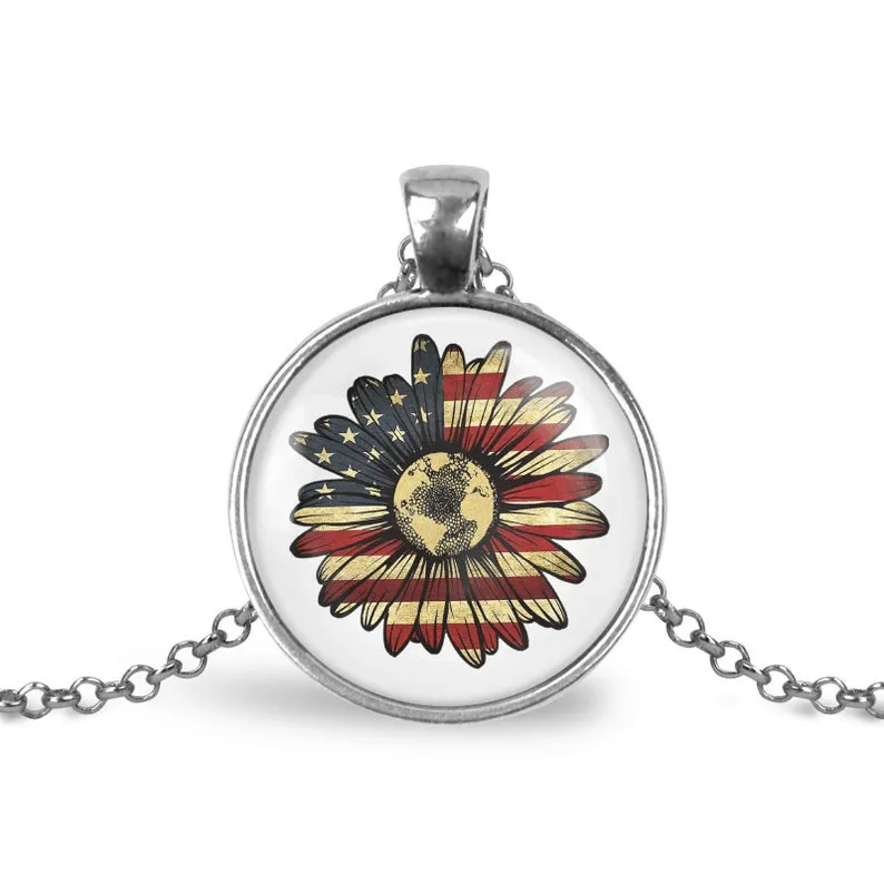 American Flag Sunflower Adjustable Necklace