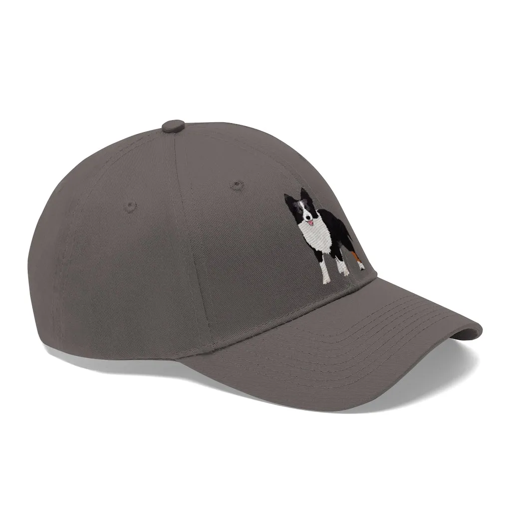 Border Collie Unisex Twill Hat, 10 Colors, One Size, 100% Cotton Twill, Adjustable Velcro, FREE Shipping, Made in the USA!!