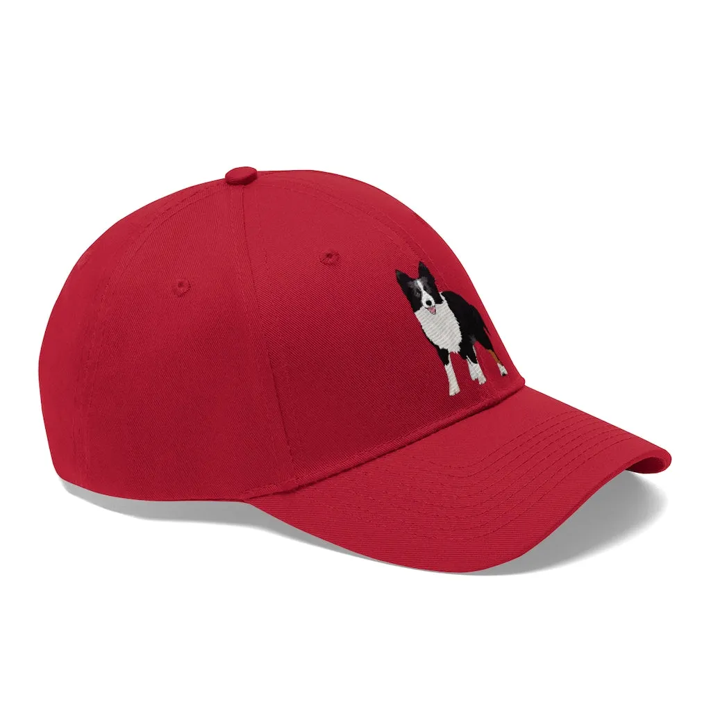 Border Collie Unisex Twill Hat, 10 Colors, One Size, 100% Cotton Twill, Adjustable Velcro, FREE Shipping, Made in the USA!!