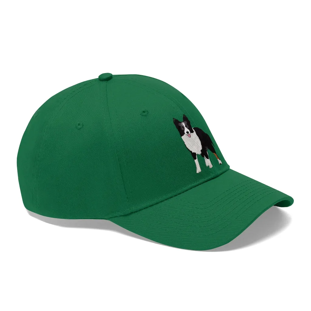 Border Collie Unisex Twill Hat, 10 Colors, One Size, 100% Cotton Twill, Adjustable Velcro, FREE Shipping, Made in the USA!!