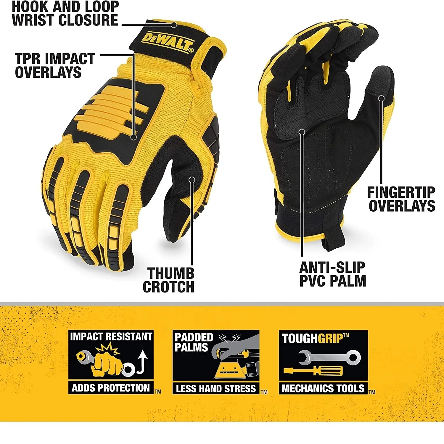 Dewalt DPG781 Performance Mechanic Work Glove with Anti-Slip PVC Overlay, Yellow / Black, 1 Pair