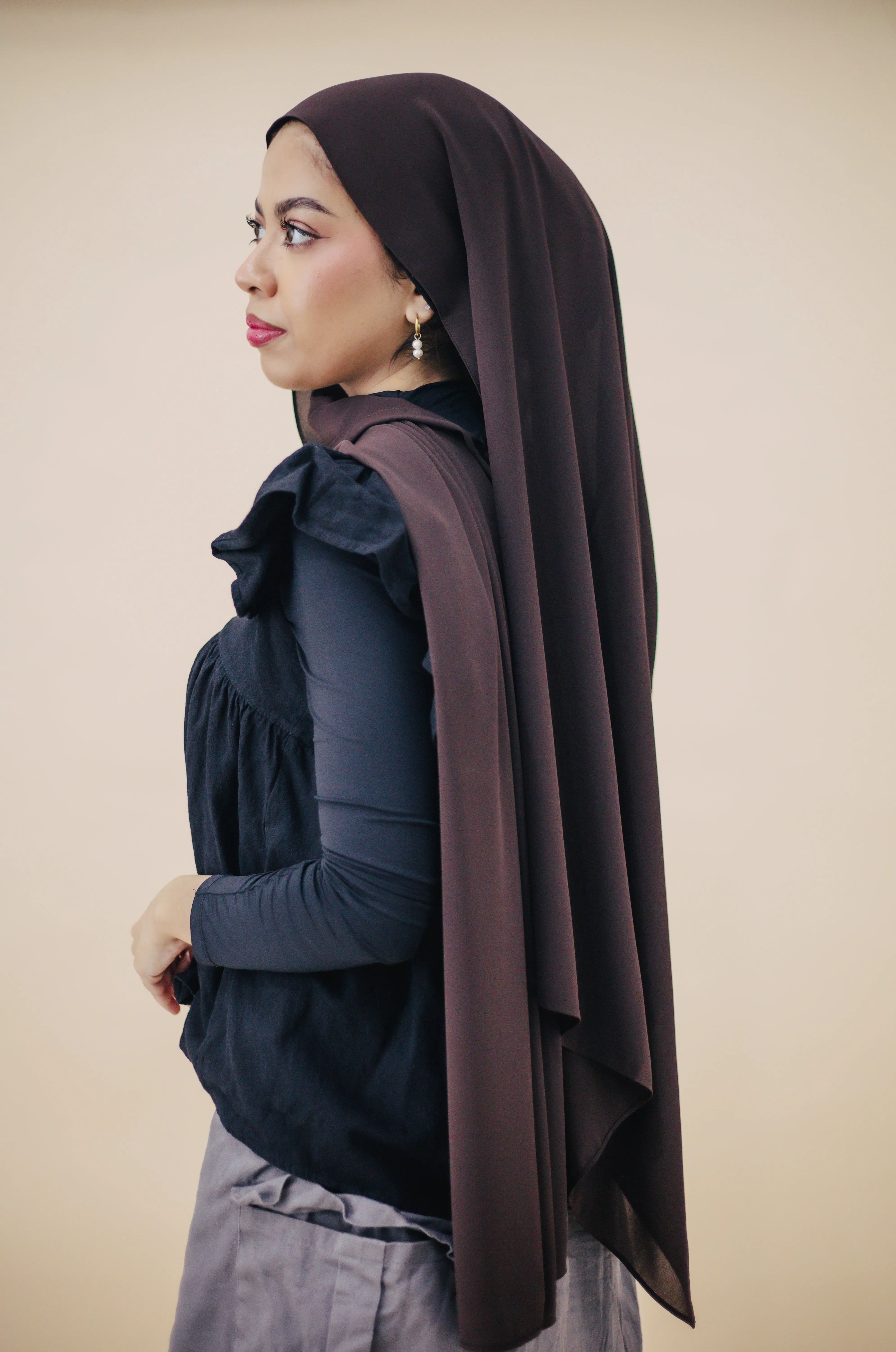KOREAN CHIFFON HIJAB WITH MATCHING INNER CAP -  BRUNETTE