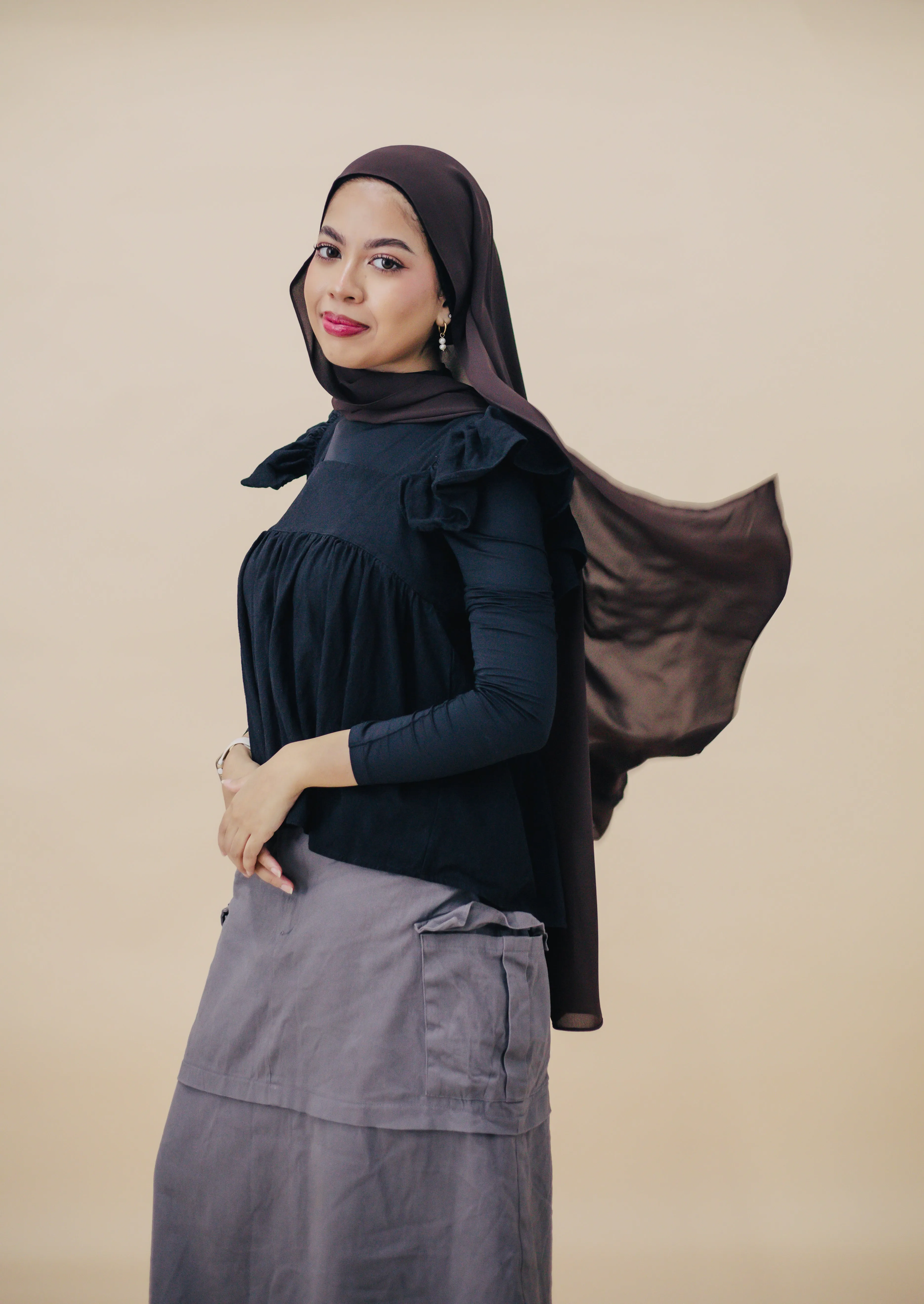 KOREAN CHIFFON HIJAB WITH MATCHING INNER CAP -  BRUNETTE