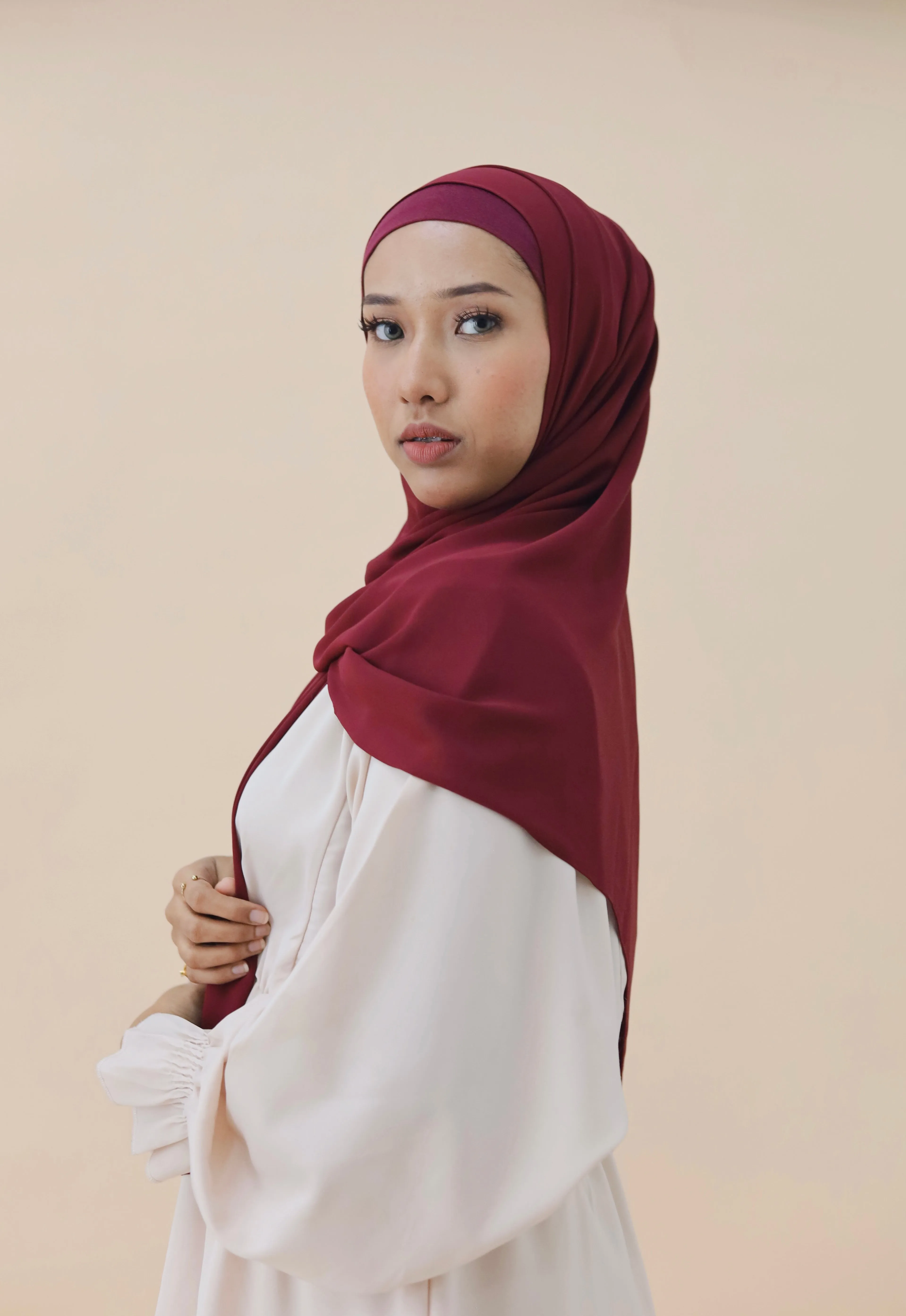 KOREAN CHIFFON HIJAB WITH MATCHING INNER CAP -  BURGUNDY