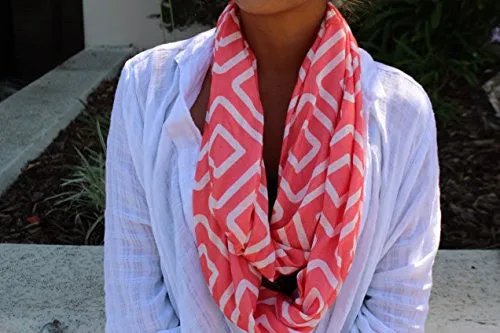 Womens Square Inside of Square Pattern Scarf w/ Zipper Pocket - Pop Fashion (Coral)
